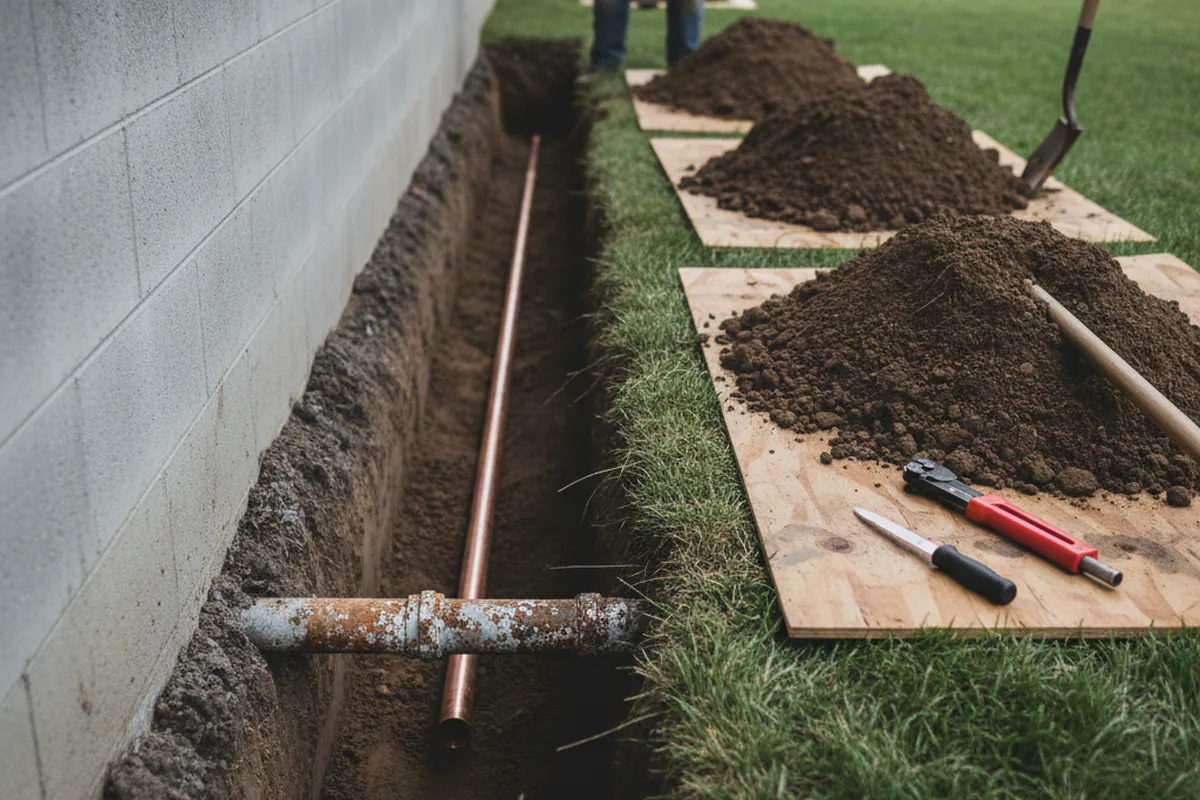 Excavated water line trench during Water Softener Installation in Josephine